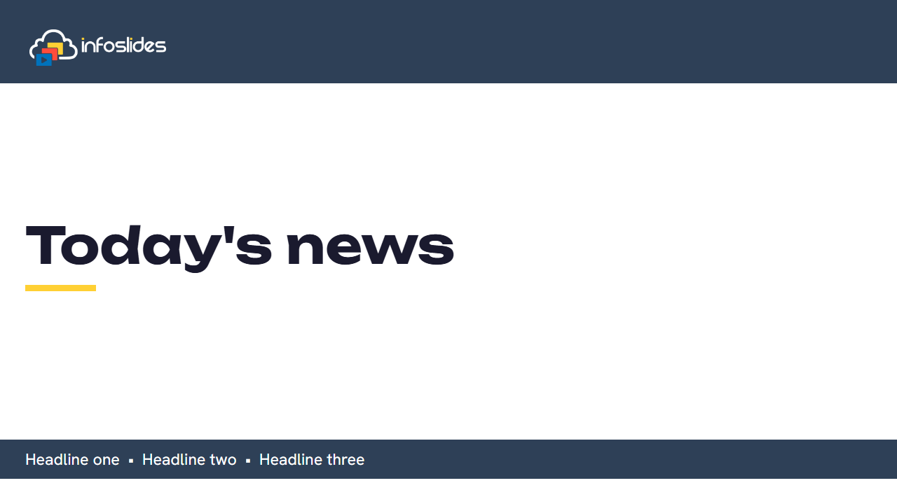 A sample slide with a headline and a ticker strip along the bottom in the InfoSlides navy.
