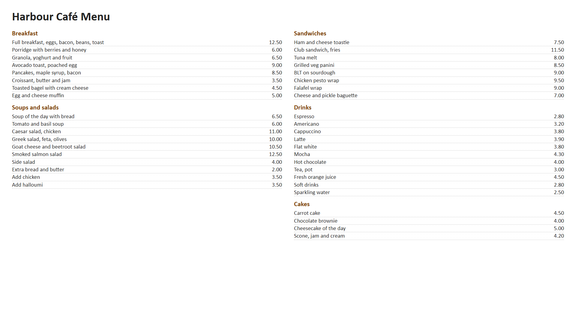 A café menu slide with 45 lines of small dark text on a white background, split over two columns