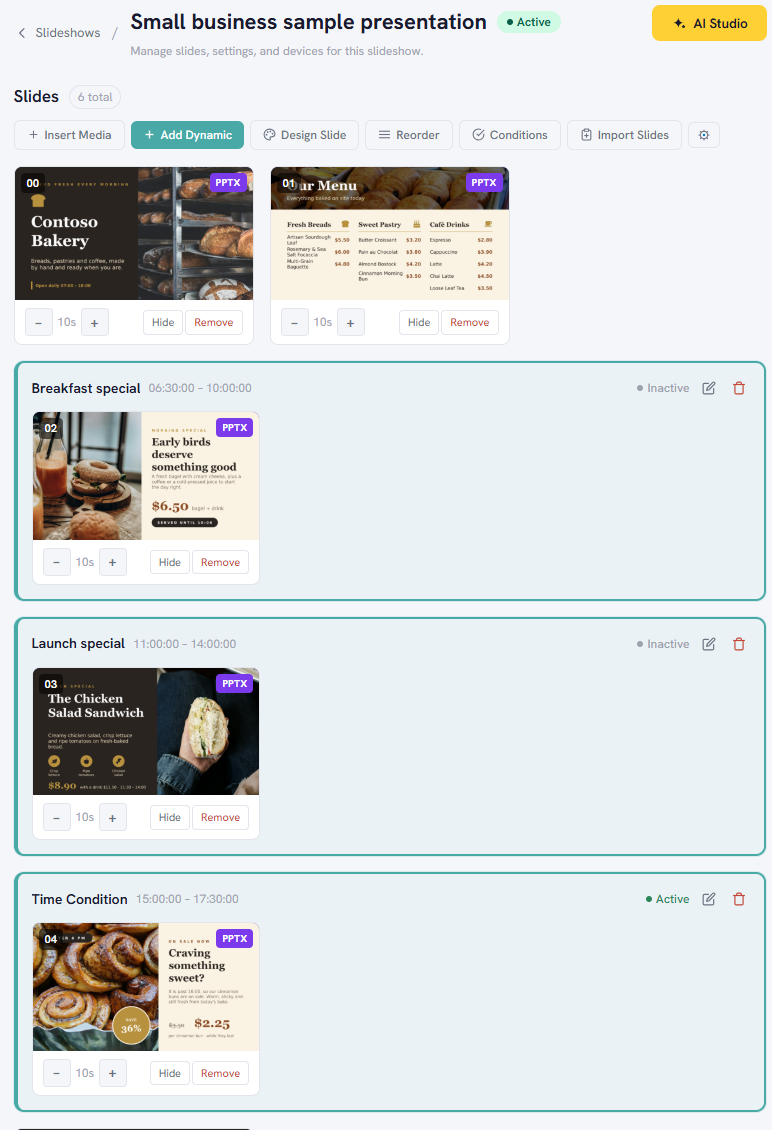 The slideshow page with a time condition on each of the three offer slides