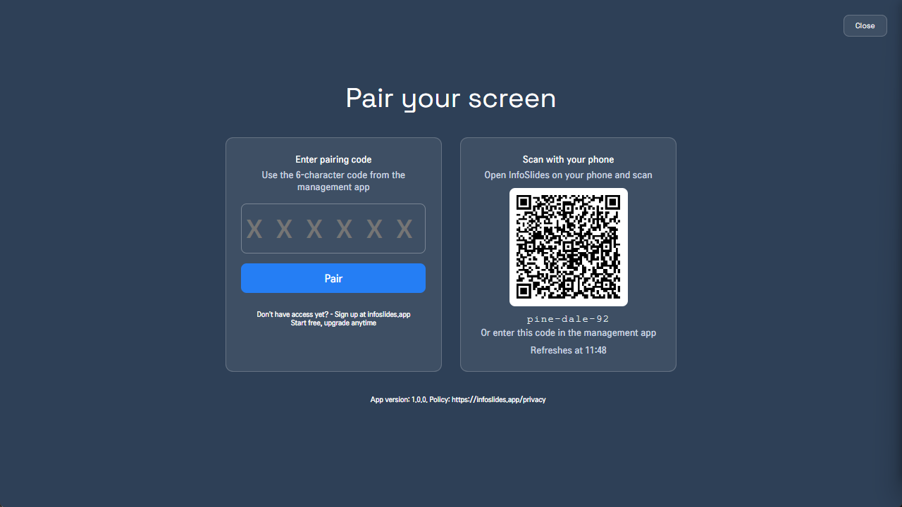 LG webOS TV pairing screen showing a six-character pairing code on the left and a QR code on the right
